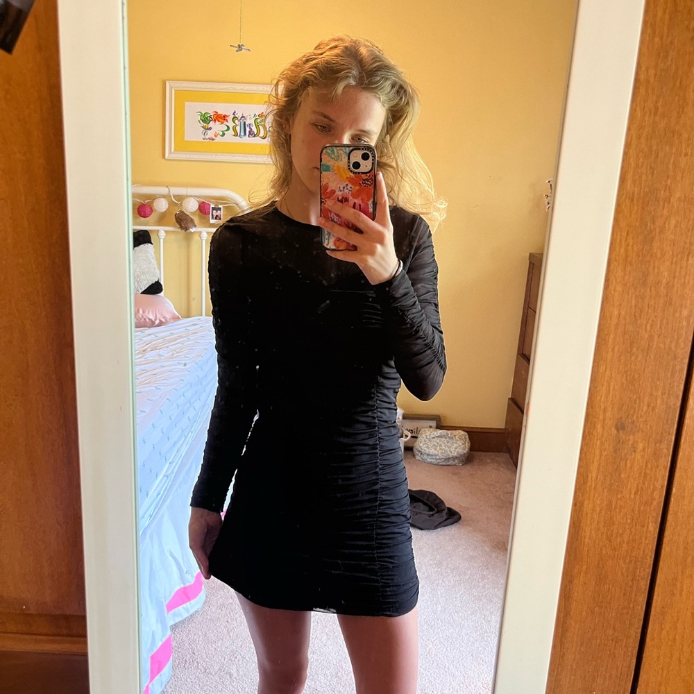 Social Tourist Black Ruched Mini Long Sleeve Dress